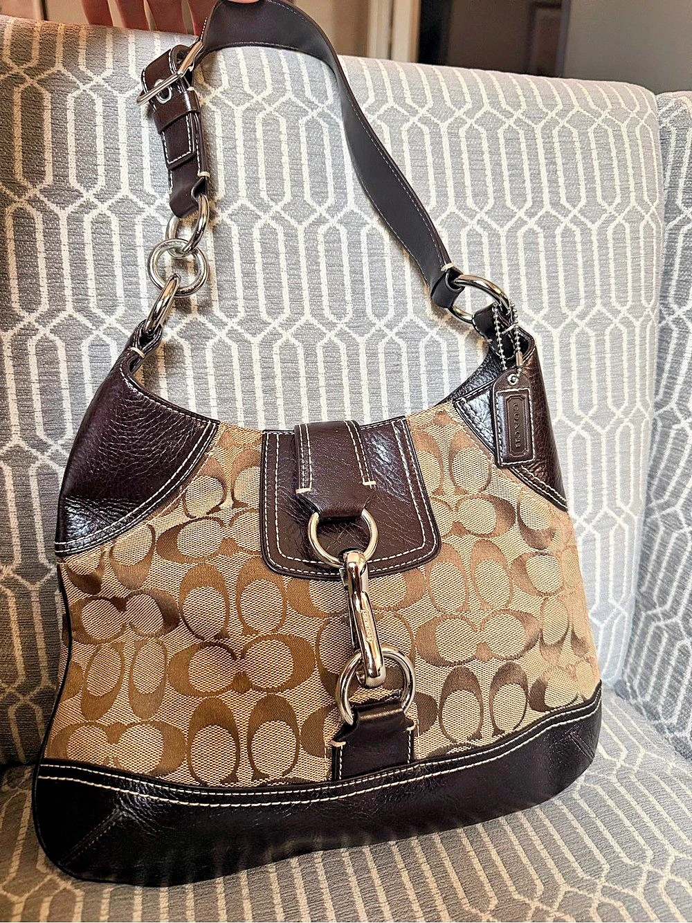 Coach 10242 Signature Jacquard Hobo Shoulder Bag in Brown & Tan